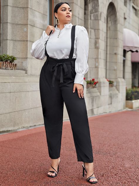 Plus Solid Belted Suspender Pants | SHEIN USA Suspenders Outfit Women, Curvy Fashion Outfits, Outfits With Suspenders, Suspenders Outfit, Traditional Chic, Suspender Pants, Women Sweatshirts, African Print Fashion Dresses, Plus Size Pants