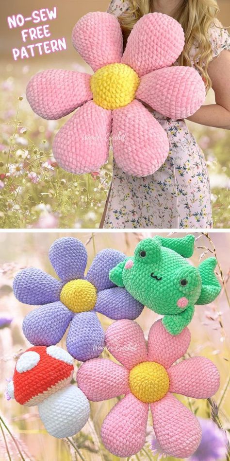 Crochet Flower Stuffed Animal, Stuffed Flower Crochet Pattern, Crochet Stuffed Flowers Free Pattern, Crochet Flower Plush Pattern Free, Crochet Chunky Flower, Crochet Fluffy Flower, Amigurumi Free Pattern Flower, Chunky Yarn Animal Crochet Pattern, Flower Crochet Pillow Pattern