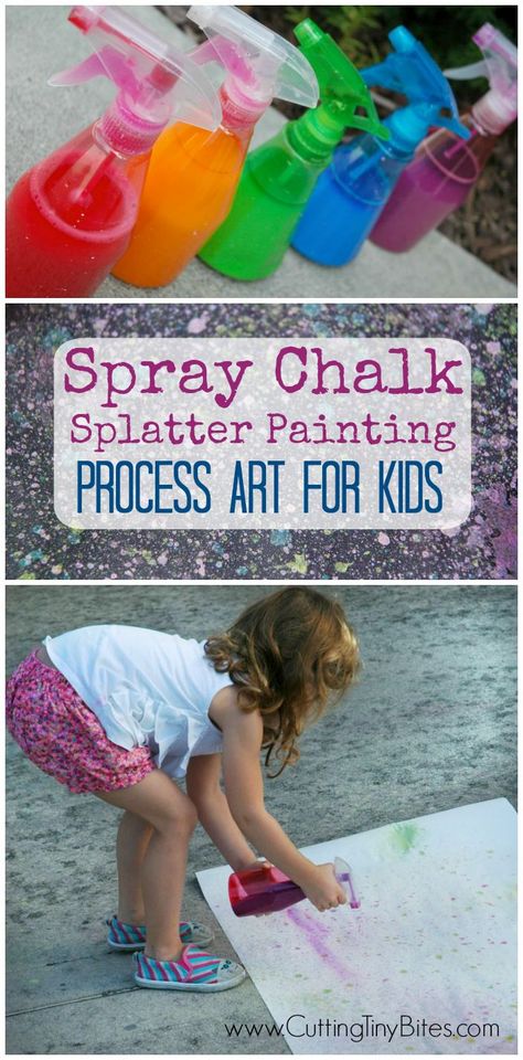 Spray Chalk Splatter Painting- process art for kids. Open ended outdoor activity for preschoolers and elementary children. Fun and easy! Process Art For Kids, Preschool Outdoor Activities, Spray Chalk, Summer Preschool, Spin Art, Aktivitas Montessori, Toddler Art, Process Art, Preschool Art