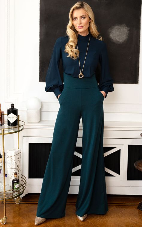 Elegance & sophistication is easily achieved in this easy-care teal jumpsuit. The wideleg and blouson sleeve give a flattering look that's comfortable as it is stylish. Summer, Winter, Christmas Day, Evergreen, Teal, Pockets, Brunch, Style - Lady, Party, Xmas Party, Wedding Guest, Going Out, Long Sleeve, High Neck, Wide Leg Stylish Jumpsuit, Blouson Sleeve, Green Jumpsuit, Jumpsuit Outfit, Bottle Green, Funnel Neck, Wide Leg Jumpsuit, Teal Blue, Funnel