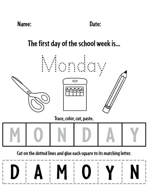 Kindergarten Worksheets Days Of The Week, Day Of Week Activities, Preschool Learning Sheets, Elementary School Math Worksheets, Preschool Cut And Paste Worksheets, Days Of The Week Worksheet Kindergarten, Times Of The Day Worksheet, Days Of Week Activities, Kindergarten Cut And Paste Worksheets