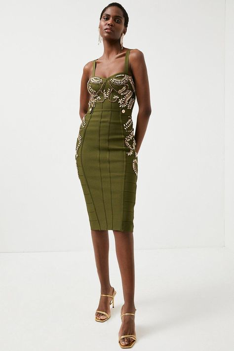 Dress  For The Occasion For All The Festivities In Your Diary. Splashed With Sparkling Embellishments, This Curve-Contouring Bandage Dress Is The Ultimate Show-Stopper. A Moulded Corset-Style Top, Sculpted Seams And A Sporty Exposed Zip Combine To Dazzling Effect For Special Soirees. Khaki Green Dress, Green Bandage Dress, Corset Style Tops, Khaki Dress, Corset Style, Karen Millen, Khaki Green, Bandage Dress, Fashion Face