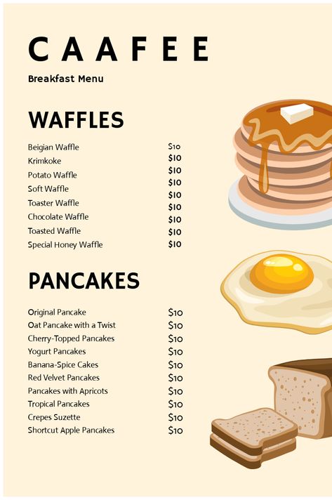 Waffle Menu Board, Menu Design Ideas Bakery, Waffle Menu Design Ideas, Pancake Menu Ideas, Waffle Menu Ideas, Pancake Menu Design, Breakfast Cafe Design, Cafe Breakfast Menu Ideas, Breakfast Menu Ideas Restaurant