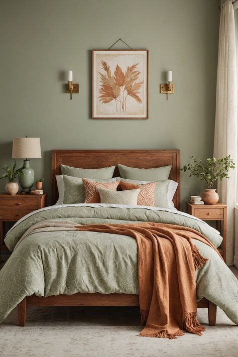 Green Terracotta Bedroom, Terracotta Bedroom Ideas, Diy Bedroom Makeover, Terracotta Bedroom, Sage Bedroom, Rustic Meets Modern, Green Accent Walls, Fall Bedroom Decor, Timeless Kitchen