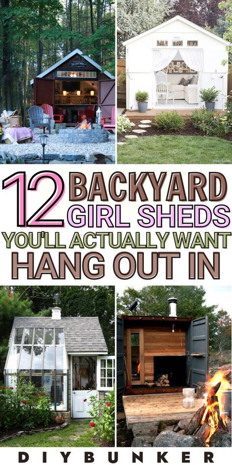 Entertainment Shed Backyards, How To Make A Shed Look Nice, How To Build A She Shed Cheap Easy Diy, Backyard Shed Hangout Ideas, Shed Diy Ideas, Unique Shed Designs, Outdoor She Shed Ideas, Diy Sheds Ideas Backyard, Homemade Shed Ideas