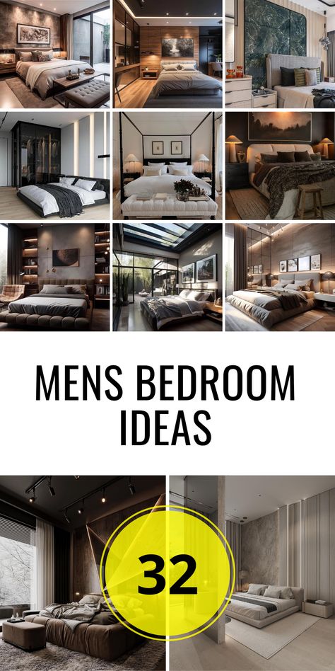 Explore 32 Mens Bedroom Ideas for Modern Masculine Style | Ultimate Guide - placeideal.com Men’s Rooms Ideas, Masculine Bedroom Colors, Bedroom Ideas For Small Rooms Men Modern, Men Bedroom Color Schemes, Mens Bedroom Decor Masculine Interior, Men’s Bedroom Style, Modern Bedroom Men, Men’s Aesthetic Bedroom, Manly Bedroom Ideas