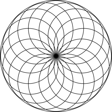 Circular rosette with 16 petals in a circle. It is made by rotating circles about a fixed point. The radii of the smaller circles is equal to the distance between the point of rotation and the center of the circle. Thus, the circles meet in the center of the larger circle. Sacred Geometry Patterns, Sacred Geometry Art, Mandalas Painting, Mandala Design Pattern, Geometric Drawing, Geometry Pattern, Geometry Art, Decorative Borders, Dot Art Painting