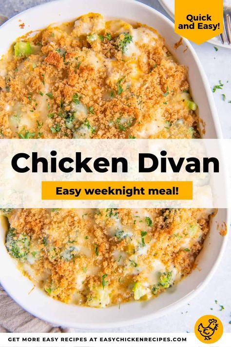 This classic chicken divan recipe is the ultimate comfort food. Juicy chicken smothered in a creamy cheese sauce with fresh broccoli, and topped with buttery breadcrumbs, makes this signature dish an easy family favorite! Campbells Chicken Divan Recipe, Chicken Divine, Chicken Breast Casserole Recipes, Chicken Breast Casserole, Chicken Divan Casserole, Chicken Divan Recipe, Cabin Food, Chicken Smothered, Creamy Cheese Sauce