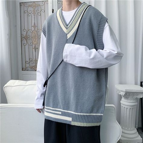 Trimecca - V-Neck Sweater Vest Men Sweater Vest, Korean Preppy Style, Vest Patchwork, Vest For Boys, Korean Preppy, Men's V Neck Sweaters, Sweater Vest Mens, غرفة ملابس, Knit Sweaters