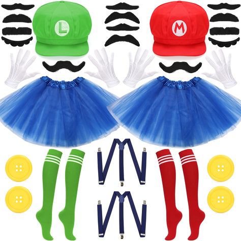 PRICES MAY VARY. Exceptional Value: This comprehensive set includes multiple accessories: 2pcs hats, 2pcs skirts, 2pcs suspenders, 4pcs socks, 4pcs buttons, 4pcs gloves, 14pcs mustaches, providing two complete outfits at an affordable price, making it a great investment for various occasions High-Quality Design: Crafted with premium materials, this costume set features detailed and iconic character designs, including meticulously made accessories like hats and mustaches Durable and Resilient: Bu Luigi Costume, Mario Y Luigi, Mario Costume, Mario E Luigi, Friend Costumes, Matching Halloween Costumes, Trio Halloween Costumes, Cartoon Costumes, Pretty Halloween Costumes