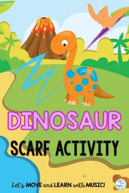 Dinosaur fun scarf activity for preschool and music and movement classes. Dinosaur Songs For Preschool, Dinosaur Scarf, Preschool Movement Activities, Kindergarten Music Lessons, Dinosaur Songs, Movement Preschool, Preschool Music Activities, Kindergarten Music, Freeze Dance