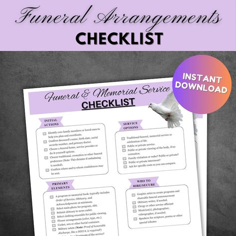 Funeral Arrangements Checklist for Memorial Planning Funeral Program Cremation Service Printable Checklist Military Funeral Planning - Etsy Celebration Of Life Planning Checklist, Memorial Service Ideas For Dad, Memorial Planning, Family Emergency Plan, Cremation Services, Family Emergency, Traditional Contemporary, Emergency Plan, Printable Checklist