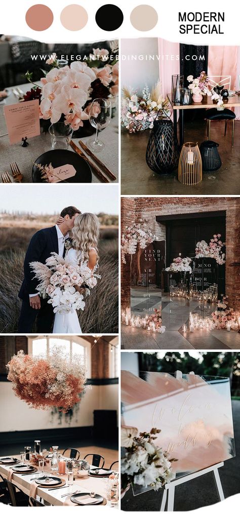 Rose Gold Color Palette Wedding, Black And Rose Gold Wedding Theme, Rose Gold And Black Wedding Theme, Black And Blush Wedding, Blush Pink Wedding Theme, Blush Pink Theme Wedding, Unique Fall Wedding, Wedding Theme Color Schemes, Rose Gold Theme