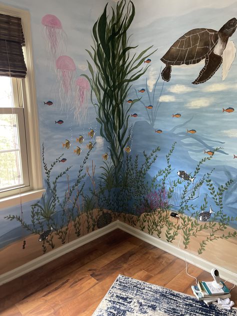 Underwater Mural Painting, Beach Mural Painted, Office Nature, Ocean Paintings, Beach Mural, Living Room Themes, Room Theme, Wall Murals Painted, Hand Painted Wall Art