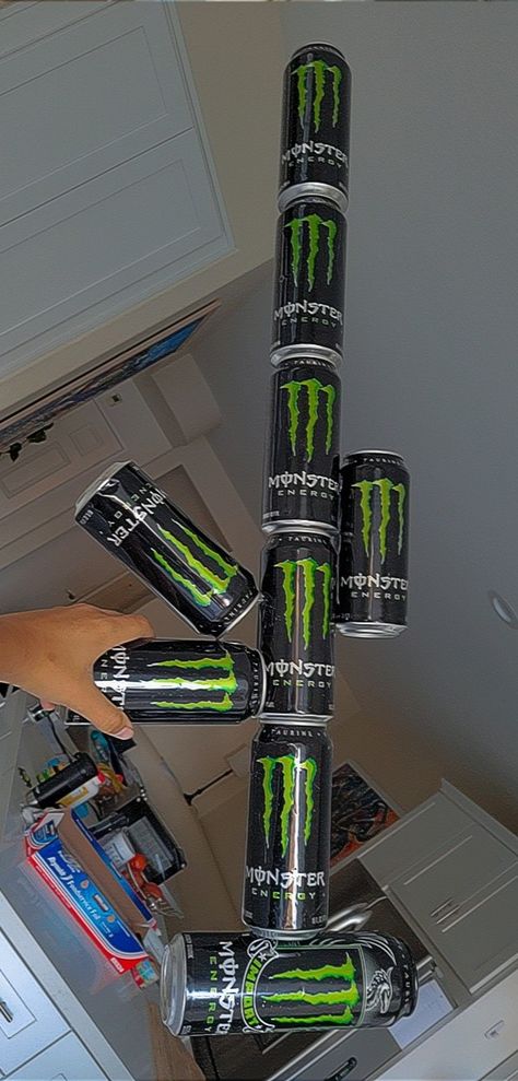 Monster Cans Hanging From Ceiling, Monster Bottle Craft, Monster Can Collection, Monster Cans Crafts, Monster Energy Crafts, Monster Can Art, Monster Can Crafts, Monster Energy Cake, Monster Cans Diy