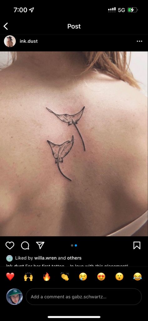 2 Stingray Tattoo, Hawaiian Animal Tattoo, Mantaray Tattoo Small, Stingray Back Tattoo Women, Back Ocean Tattoo, Two Manta Rays Tattoo, Tattoo Ideas Stingray, Tiny Manta Ray Tattoo, Fine Line Sting Ray Tattoo