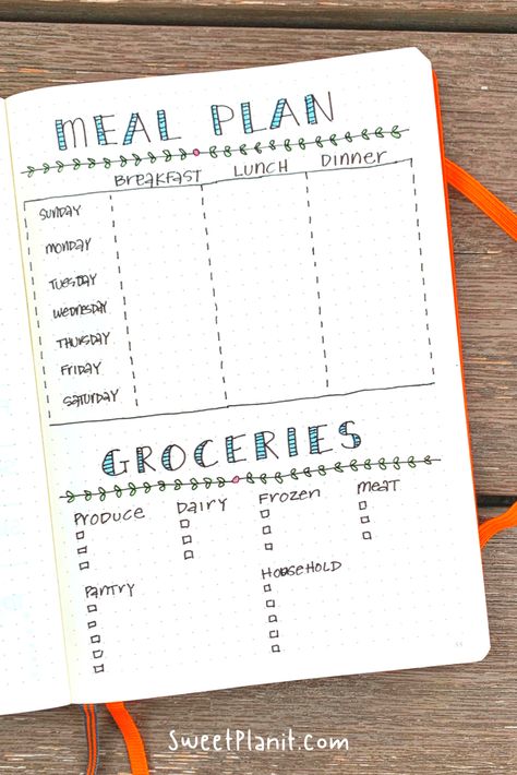 Never know what to cook? Meal planning is a grind but it doesn't have to be. Check out all of these easy Meal Plan Spread Ideas for Your Bullet Journal + FREE PDF Printable! #meals #planning #bujo #bulletjournal #bujojunkies #grocerylist #cooking Meal Planning Inspiration, Bujo Meal Plan, Recipes Journal Ideas, Bujo Meal Planning, Bullet Journal Grocery List, Meal Plan Bullet Journal, Meal Planner Bullet Journal, Bullet Journal Meal Planning, Meal Plan Journal