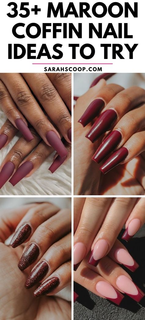 Dare to stand out with these gorgeous maroon coffin nail designs. Perfect for any occasion, these deep red tones embody a bold and confident look. #NailArt #CoffinNails #MaroonNails Maroon Matte Nails Design, Burgundy Nail Designs Coffin, Maroon Acrylics, Maroon Nails With Design, Maroon Nails Acrylic, Maroon Nails Design, Burgundy Coffin Nails, Maroon Nail Designs, Matted Nails