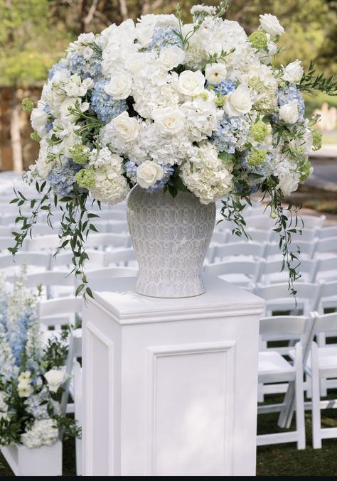 Floral Pedestal Wedding, Large Hydrangea Arrangement, Hydrangea Aisle Wedding, Timeless Wedding Florals, Altar Arrangements Wedding, Blue And White Centerpieces Wedding, Blue And White Wedding Florals, Ceiling Flowers Wedding, Blue And White Wedding Decor