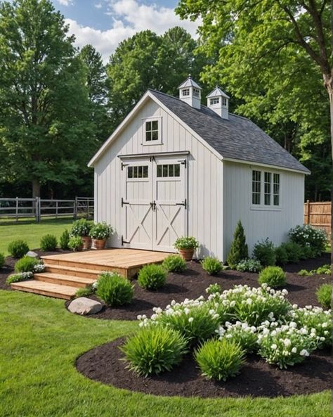 20 Cute Shed Ideas For Your Backyard – ToolzView Two Sheds In Backyard, Shed Flower Beds, Backyard Shed With Porch, Backyard With Shed Layout, White Shed Ideas, Shed Garden Ideas, Garden Shed Landscaping Ideas, Landscaping Around Shed Backyards, Large Sheds Ideas Backyard