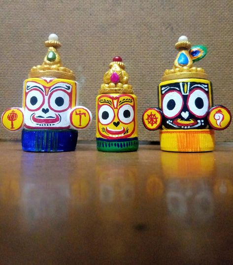 Lord, Recreated from waste, by empty acrylic colours bottle Shilpkar Clay Art On Bottle, Empty Colour Bottle Craft, Colour Bottles Diy, Acrylic Bottle Craft, Empty Paint Bottles Diy, Empty Acrylic Paint Bottles Diy, Jagannath Craft, Bottle Clay Art, Acrylic Paint Bottles