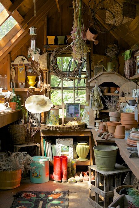 Friday Favorite: Potting Sheds                                                                                                                                                      More Rustic Potting Shed, Potting Bench Decor, Potting Shed Ideas, Potting Shed Interior Ideas, Garden Shed Interiors, Storage Ideas, Shed Decor, Shed Interior, Potting Tables