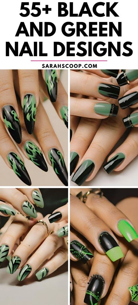 Show off your edgy side with these 55+ bold black and green nail designs, perfect for making a statement. Dare to stand out! 💚🖤 #NailArt #EdgyStyle #GreenAndBlack Green Black And White Nail Designs, Simple Nail Designs Green, Green And Black Nail Art, Forest Green Acrylic Nails, Dark Green And Black Nails, Green And Black Nail Designs, Black And Neon Green Nails, Black Nail Polish Designs, Plant Nail Designs