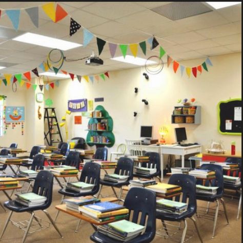 Classroom Roof Decoration, Pretty Classroom, Classroom Bunting, High School Art Room, College Pennants, Roof Decoration, Tree Shelf, Class Displays, Classroom Layout