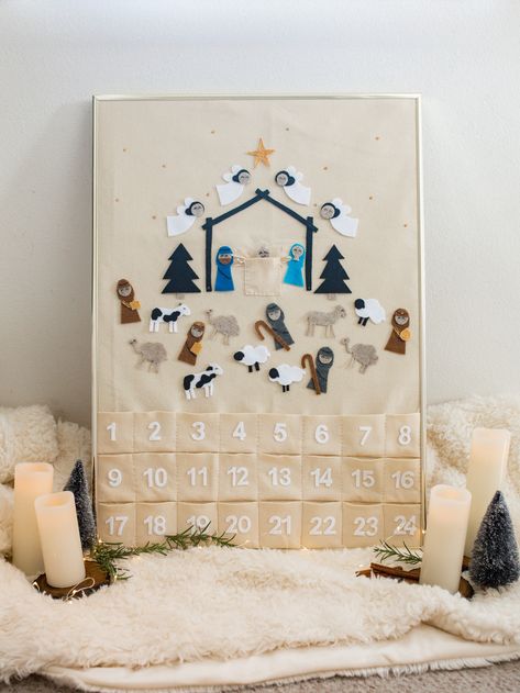 Felt Advent Calendar Nativity, Canvas Advent Calendar Diy, Diy Felt Nativity Free Pattern, Advent Calender Ideas Diy, Diy Canvas Advent Calendar, Diy Christian Advent Calendar, Sewn Advent Calendar Ideas, Diy Hanging Advent Calendar, Felt Christmas Tree Advent Calendar