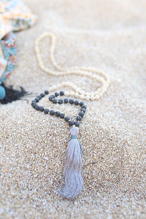 Learn how to tie a mala wooden bead necklace, and do a color block effect by adding lava beads. Finish it off with a big, bold tassel! Wooden Beads Jewelry, Lava Bead Jewelry, Washer Bracelet, Wooden Bead Necklace, Mala Jewelry, Meditation Beads, Wooden Bead Necklaces, Diamond Cross Necklaces, Diffuser Jewelry