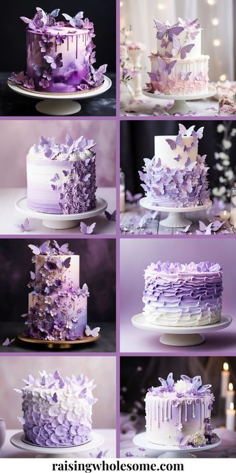 Purple butterfly cake inspirations that will leave you inspired! Purple Floral Cake, Floral Cake Ideas, Purple Butterfly Party, Butterfly Theme Cake, Purple Butterfly Cake, Lila Party, Sweet Sixteen Cakes, Purple Cakes Birthday, 15th Birthday Cakes