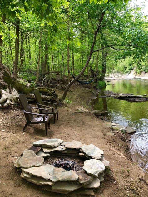 Creek Seating Area, Outdoor Creek Ideas, Creek Ideas Natural, Creek Design Landscape, Creek Decorating Ideas, Creek Side Landscaping, Fire Pit By Creek, River Beach Ideas, Creek On Property