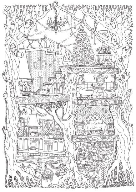 House Black And White, Fairy Tale House, Thanksgiving Coloring Book, Adult Colouring Printables, House Colouring Pages, Spring Coloring Pages, Old Oak Tree, صفحات التلوين, Pattern Coloring Pages