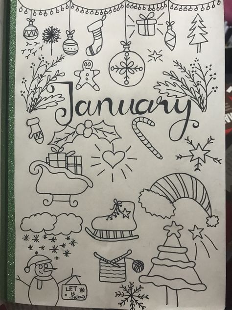 January Calendar Doodles, January Aesthetic Drawing, January Whiteboard Ideas, Winter Doodles Easy, Oodles Of Doodles Challenge, January Drawings, January Calendar Ideas, January Doodles, Month Doodles