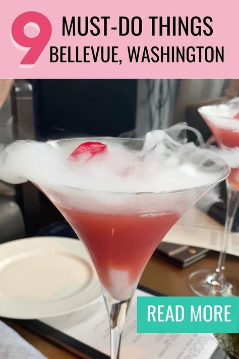 fun pink cloud cocktail in Bellevue Washington Bellevue Washington Things To Do, Washington Things To Do, Indoor Things To Do, Bellevue Washington, Washington State Travel, Lake Washington, Romantic Things To Do, Couple Travel, Romantic Things