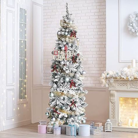 This artificial snow flocked pencil Christmas tree with warm white color lights can add your home the best holiday atmosphere! This is a prefect snow flocked Christmas pencil tree with lights if you are finding something durable, non-toxic, environmental-friendly and reusable for next few years. All branches of this pencil Christmas tree are made of high-quality PVC material, which is long-lasting, non-toxic and anti-allergic. #sponsored White Artificial Christmas Tree, Pencil Tree, Office Rooms, 6ft Christmas Tree, Flocked Tree, Led Christmas Tree Lights, Tree With Lights, Flocked Christmas Trees Decorated, Slim Christmas Tree