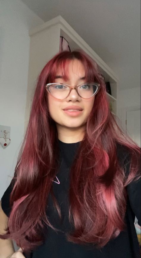 Cherry Red Hair With Long Layers, Fringe Bangs Red Hair, Long Burgundy Hair With Bangs, Dark Red Hair With Wispy Bangs, Long Dark Red Hair With Bangs, Maroon Hair With Bangs, Wine Red Hair With Highlights, Wine Red Hair With Bangs, Burgundy Hair Bangs