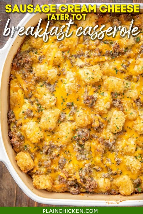 Sausage Cream Cheese Tater Tot Breakfast Casserole - great make-ahead recipe! Sausage, cream cheese, cheddar cheese, tater tots, eggs, milk, garlic, onion, and black pepper. Can refrigerate or freeze for later. Great for breakfast. lunch or dinner. Everyone loves this easy breakfast casserole!! #tatertots #sausage #breakfast #brunch #casserole #freezermeal Sausage Cream Cheese Breakfast Casserole, Cream Cheese Breakfast Casserole, Tator Tot Breakfast, Cheese Tater Tots, Tot Breakfast Casserole, Cream Cheese Breakfast, Sausage Cream Cheese, Tater Tot Breakfast Casserole, Best Breakfast Casserole