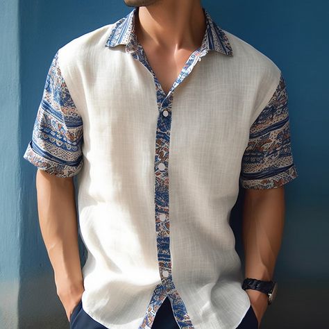 Mens Printed Shirts Patterns, Unisex Shirt Design, Printed Shirts Men, Mens Printed Shirts, Boho Men, Soft Fashion, Graphic Print Shirt, Linen Fashion, Linen Shirt Men