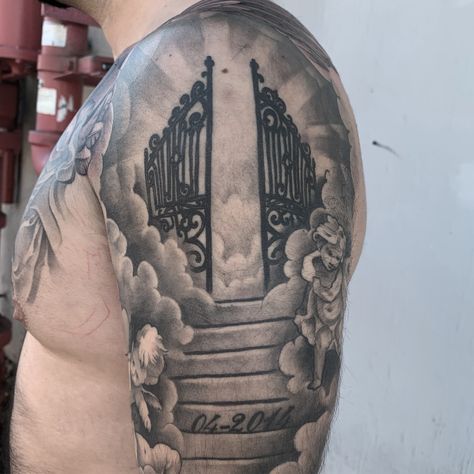 Gates of heaven tattoo Haven Gate Tattoo, Pearly Gates Tattoo, Gates Of Heaven Tattoo Design, Walking To Heaven Tattoo, Heaven Gate Tattoo, Heavens Gate Tattoo, Gates Of Heaven Drawing, Stairway To Heaven Tattoo Design, Heavens Gates Tattoo Design