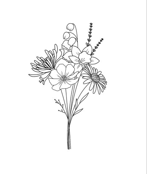 Linework Flower Bouquet, Simple Wildflower Bouquet Drawing, Linework Bouquet Tattoo, Flower Bouquet Sketch Simple, 5 Flower Bouquet Tattoo, Bouquet Of Flower Tattoo, Minimalistic Flower Drawing, Flower Bunch Tattoos, Simple Flower Bouquet Tattoo