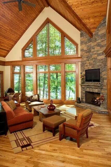 Great room Cabin Style Living Room, Corner Stone Fireplace, Usonian Style, Cabin Windows, Beam Design, Cottage Plans, Pella Windows, Modern Rustic Living Room, Living Room Decor Rustic