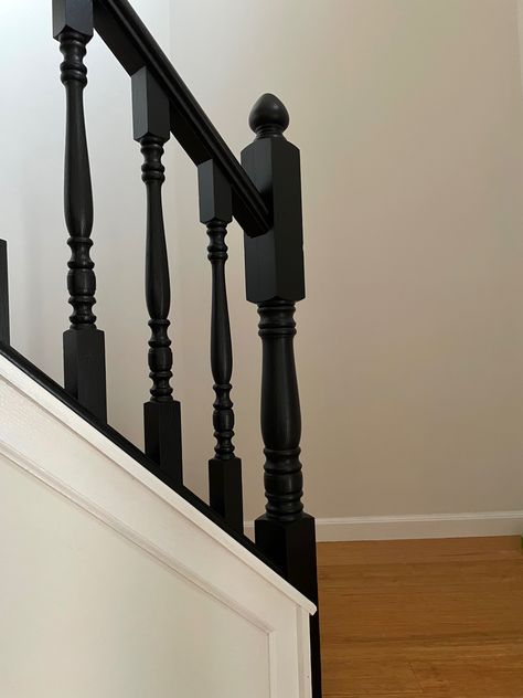 Updated our 90s golden oak railing with paint! Black Painted Railing, Black Wooden Railing Stairs, Oak Stair Railing Makeover, Painting Wooden Stair Railings, Tricorn Black Stair Railing, Stair Railing Makeover Paint, Black Painted Railing Stairways, Painted Banisters Railings, Paint Stair Railing Black