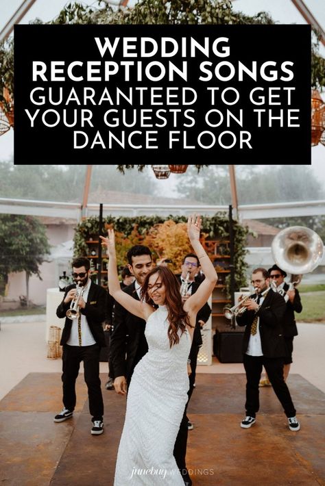 Wedding Reception Songs to Get Guests Dancing | Junebug Weddings Fun Wedding Songs Dance, Best Wedding Playlist For Dancing, Dancing Songs For Wedding, Best Songs For Wedding Reception, Songs To Get People Dancing At Wedding, Wedding Reception Layout 50 Guests, Wedding Reception Playlist 2023, Country Wedding Reception Songs, Wedding Line Dances