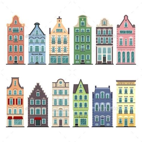 Set of 12 Amsterdam Old Houses Cartoon Facades for $8 - GraphicRiver #BestDesignResources Amsterdam Houses, House Cartoon, Dutch House, Building Illustration, This Old House, House Illustration, House Drawing, Traditional Architecture, Facades