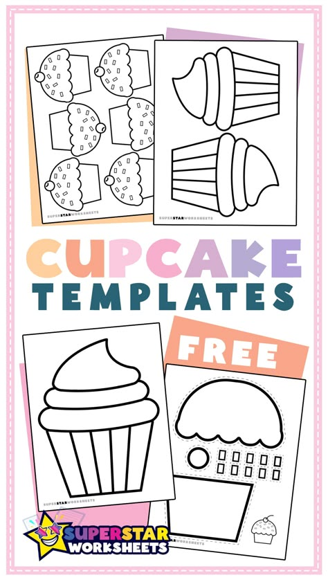 FREE Cupcake Templates for kids! We are now offering some adorable cupcake templates for students to use in the classroom or at home. This fun printable craft offers a variety of different cupcake crafts to cut, color, and assemble. #superstarworksheets #cupcake #craft C Is For Cupcake Preschool Craft, Cupcake Topper Template Free Printables, Birthday Cupcake Printable, Muffin Template Free Printable, Muffin Preschool Activities, Cupcake Art For Kids, Food Arts And Crafts For Kids, Cupcake Craft Preschool, Cupcake Template Free Printable