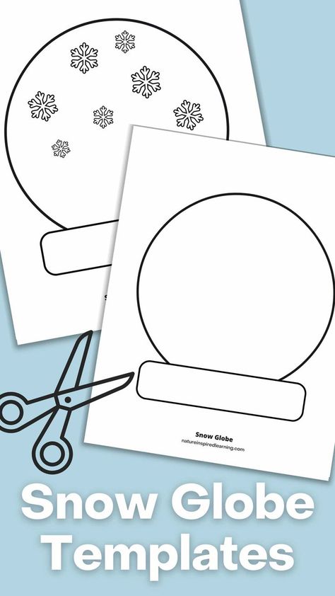 two black and white snow globe templates with outline of black scissors on a light blue background with text overlay at the bottom. Snow Globe Template Free Printable, Snowglobe Template Free Printable, January Preschool Activities Free Printables, Snowglobe Printable, Snowglobe Template, Snow Globe Printable, Winter Wonderland Activities, Snow Preschool, Globe Printable