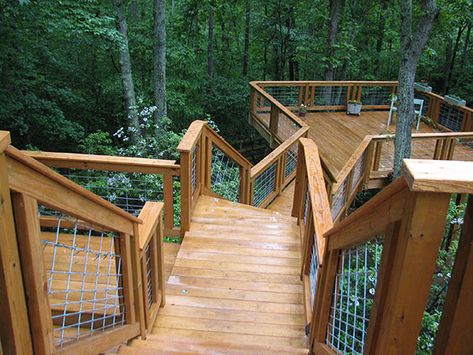 A New Tiered Deck: After Observation Deck Backyard, Tiered Deck On Slope, Forest Staircase, Detached Deck, Sloping Backyard, Backyard Deck Ideas On A Budget, Tiered Deck, Sloped Backyard, Pergola Attached To House