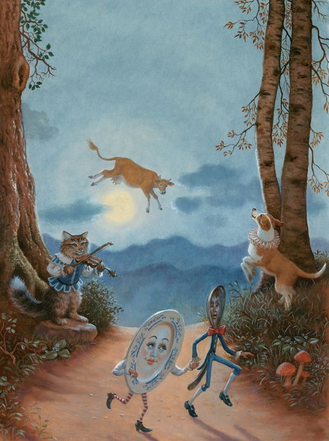 Hey Diddle Diddle! Is the cow visiting the man in the moon? Hey Diddle Diddle Illustration, Nursery Rhyme Illustrations, Hey Diddle Diddle Nursery Rhyme, The Cow Jumped Over The Moon, Ruth Sanderson, Nursery Rhyme Art, Cow Jumping, Cow Jumped Over The Moon, Moon Artwork