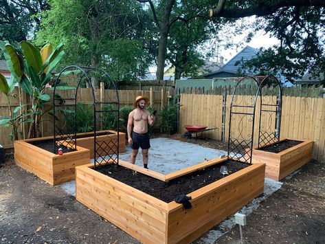 Raised Veg Bed Ideas, Modern Raised Garden Beds Contemporary Landscape, Raised Garden Bed Backyard, Raised Garden Beds Around Patio, Raised Bed Front Garden, Raised Garden Bed Around Patio, Backyard Landscaping With Garden Beds, Courtyard Veggie Garden, Raised Bed Garden With Fire Pit